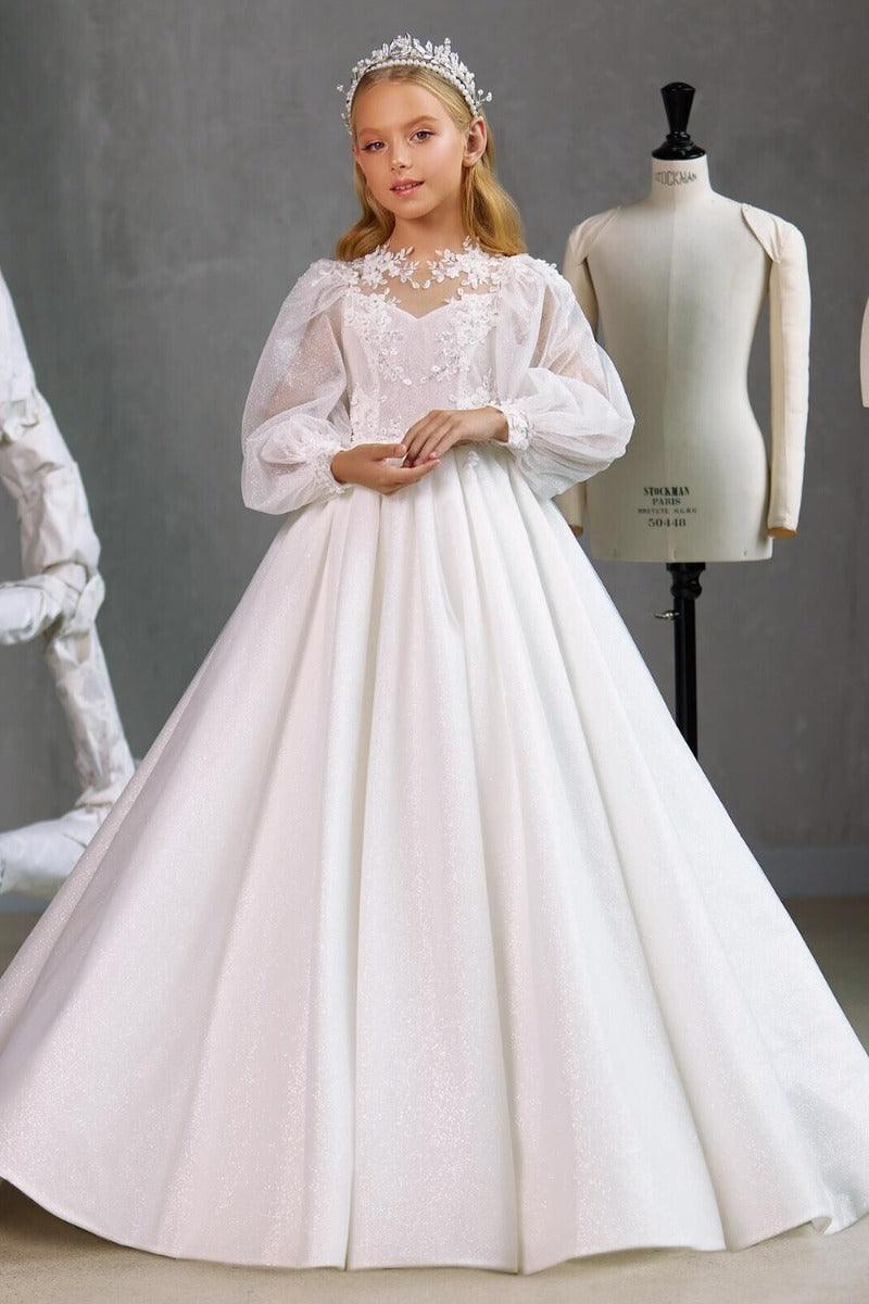 A-Line Illusion Puff Long Sleeve Sweep-Brush Train Flower Girl Dresses 745556463505 - 10 Days / White / 2 - COCOMELODY